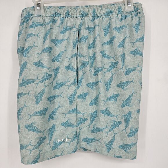 Huk Shorts Mens Large Swimming Trunks‎ Lined Fishing Summer Green All Over Print - Picture 12 of 14